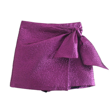Yipinpay 2023 Purple Bow Skirt Shorts Woman Knot High Waist Skorts Sexy Fashion Shorts Women Y2k Streetwear Shiny Party Bottoms